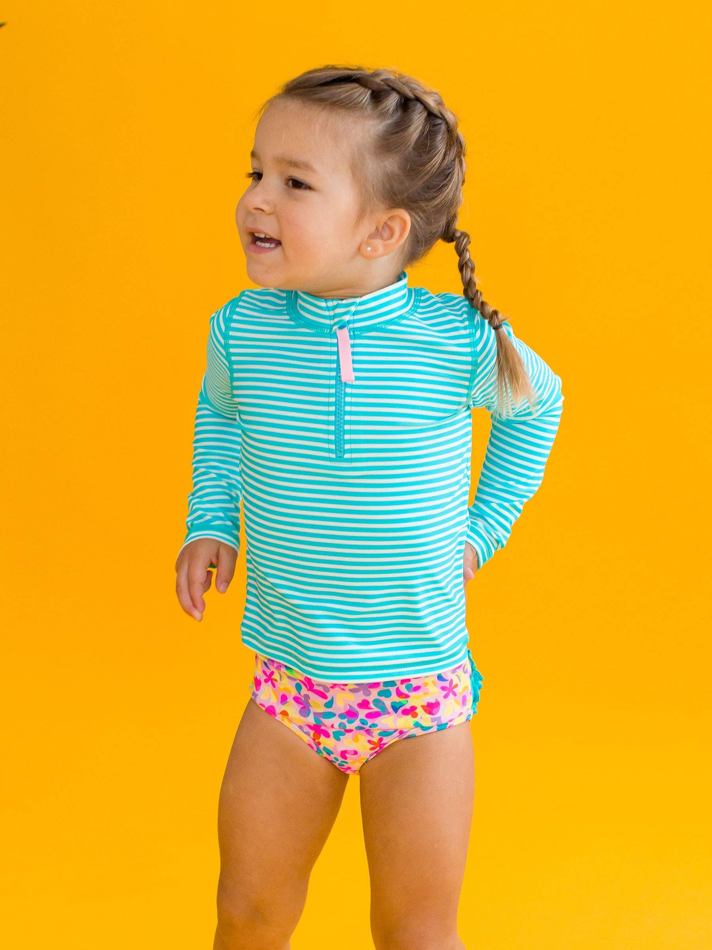 Girls Vibrant Neon Long Sleeve Zipper Rash Guard 2-Piece