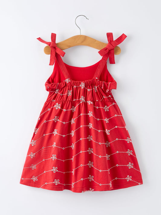 Red Color Girl Bow Strap Ruffle Dress
