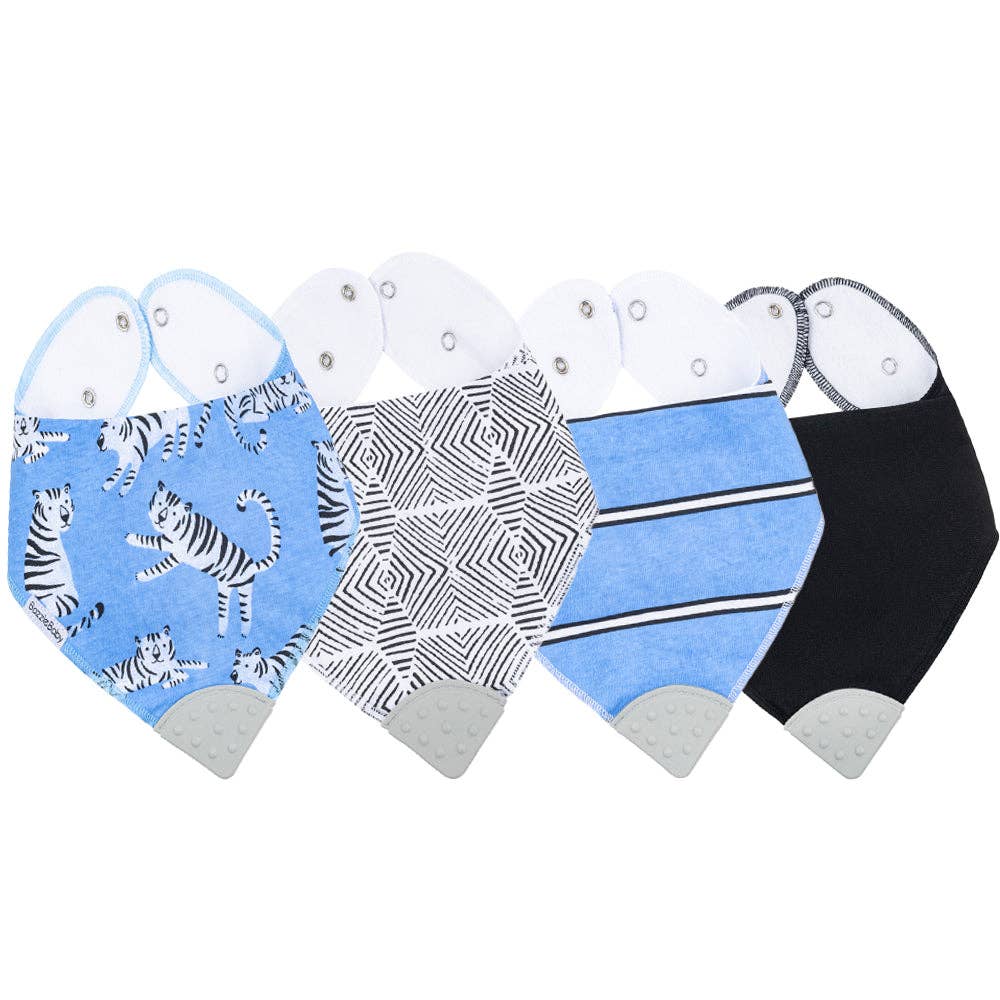 Bazzle Baby Banda Bib with Silicone Teether Attached 4-pack - Various Colors