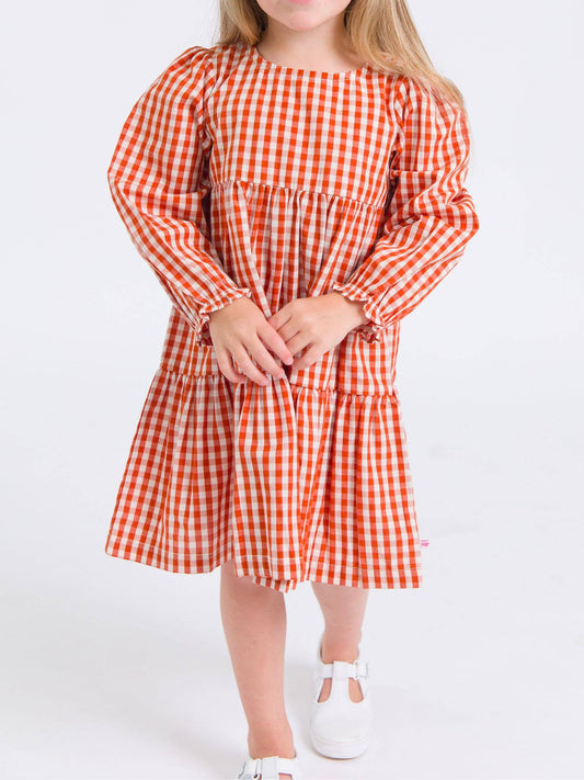 Girls Classic Rust Gingham Woven Long Sleeve Tiered Twirl Dress