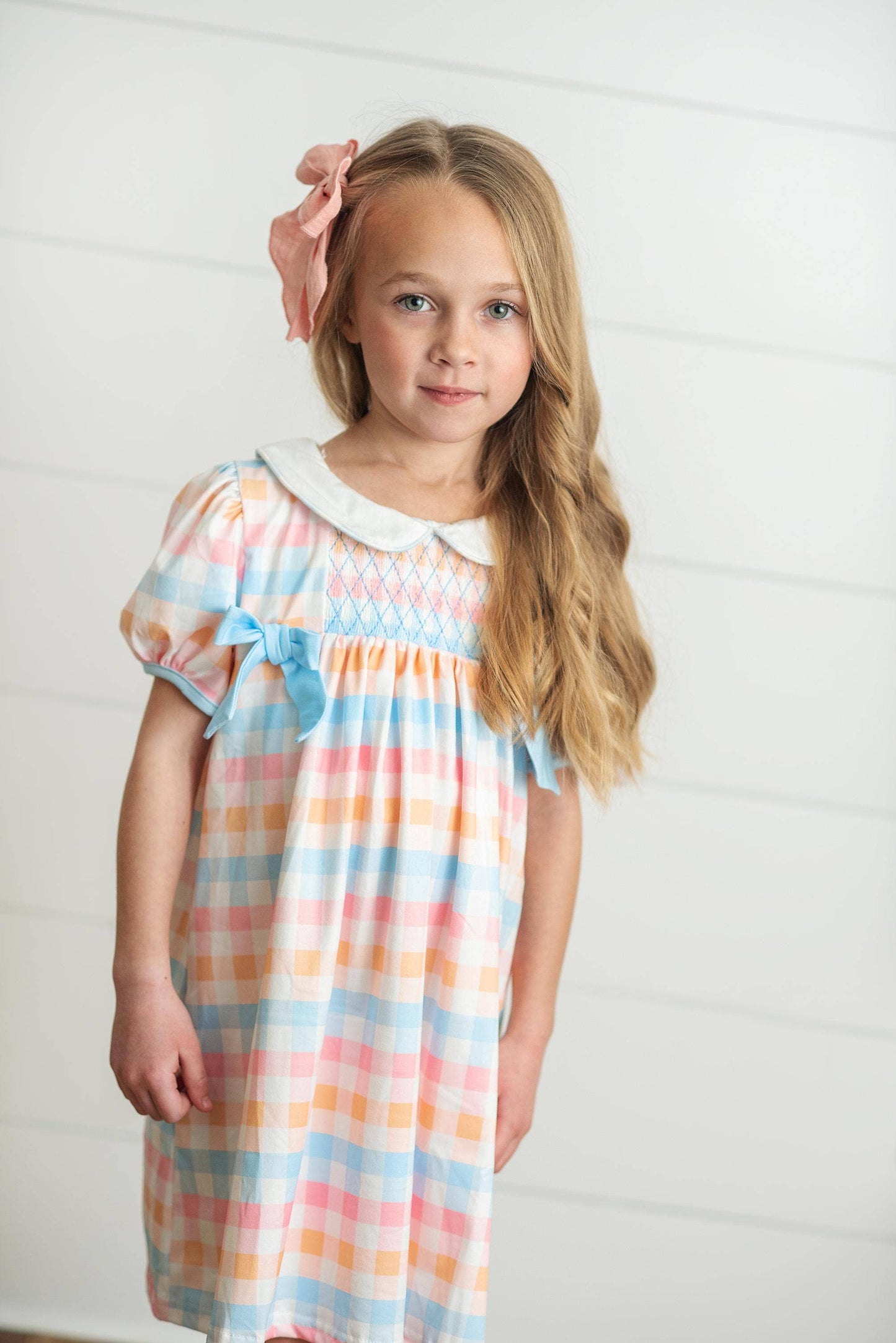 Kids Pastel Check Smocked Bow Back to School Dress