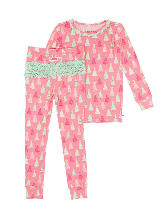 Toddler Girls Merry Pink Pines Bamboo Viscose Ruffle Long Sleeve Pajama Set