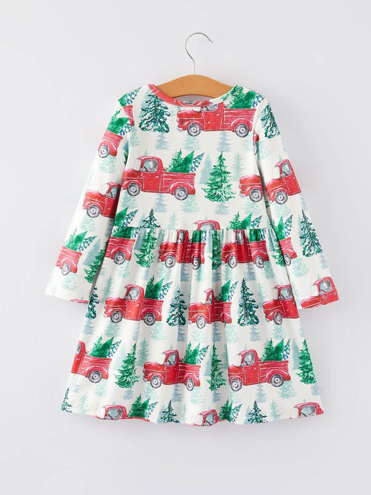 Girls Christmas Truck Christmas Tree Print Dress