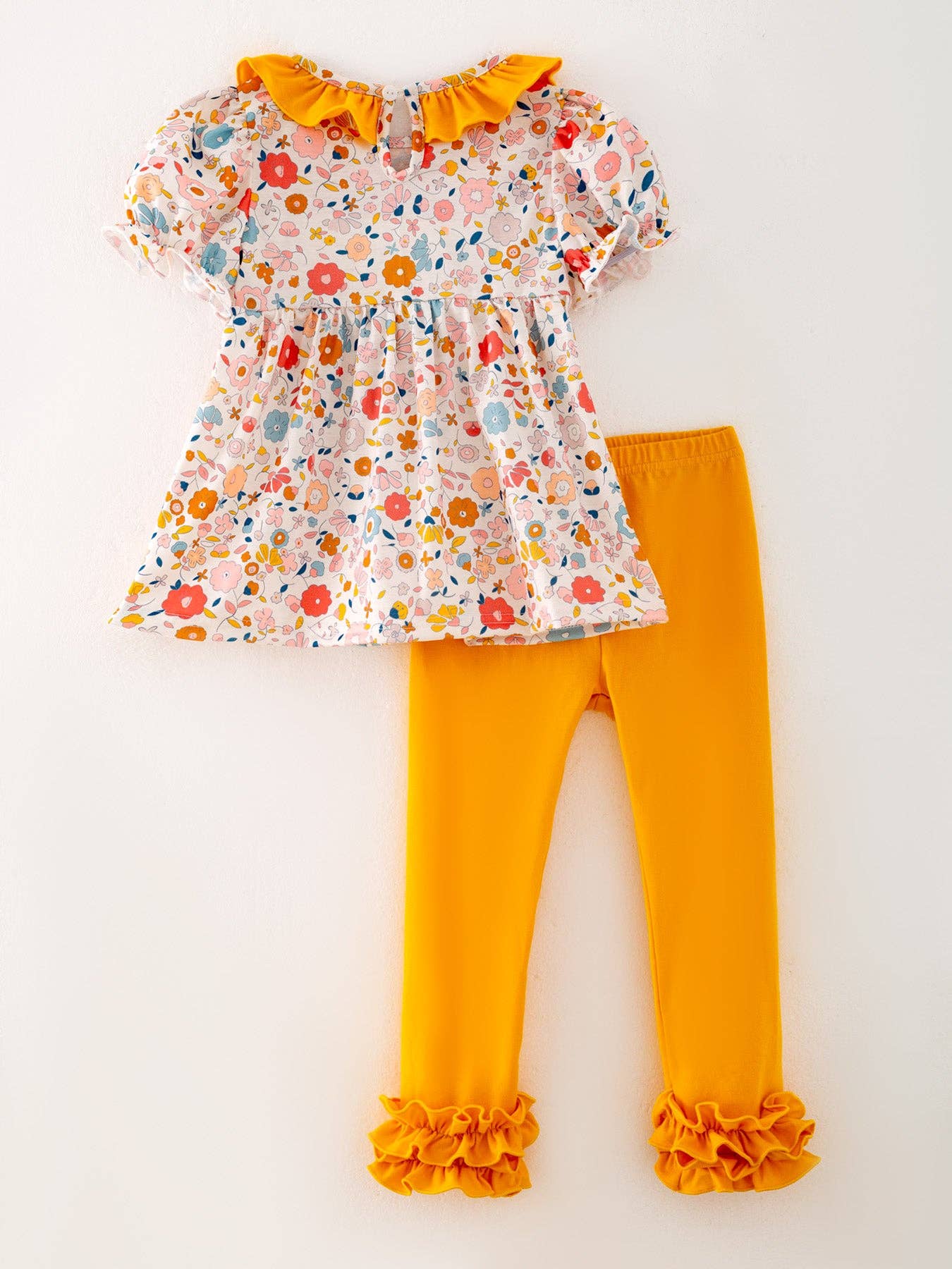 Pumpkin Patch Ruffle Set – Fall Floral Smocked Top & Mustard Leggings