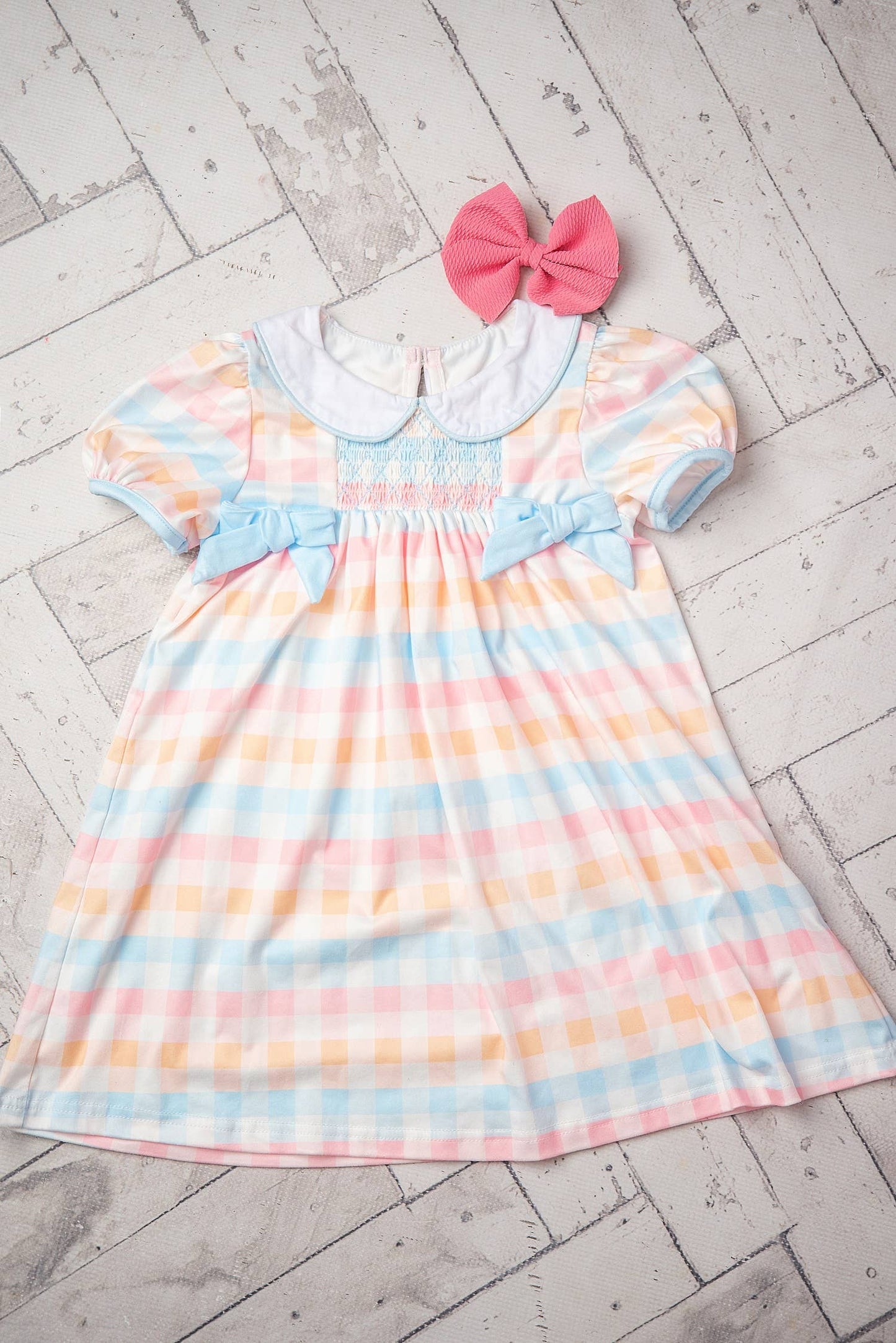 Kids Pastel Check Smocked Bow Back to School Dress
