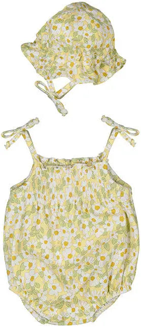 A floral-print baby romper and bonnet set in yellow and white, with adjustable tie straps.
