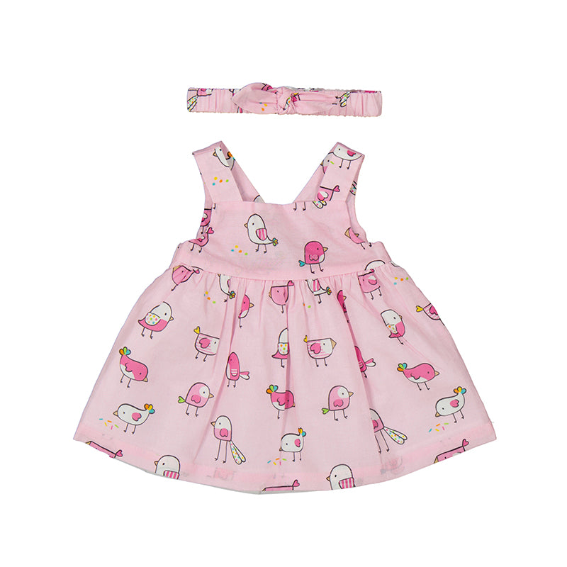 Pink Bird Print Baby Dress & Headband Set
