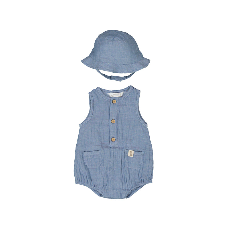 Linen Button-Up Baby Romper & Hat Set