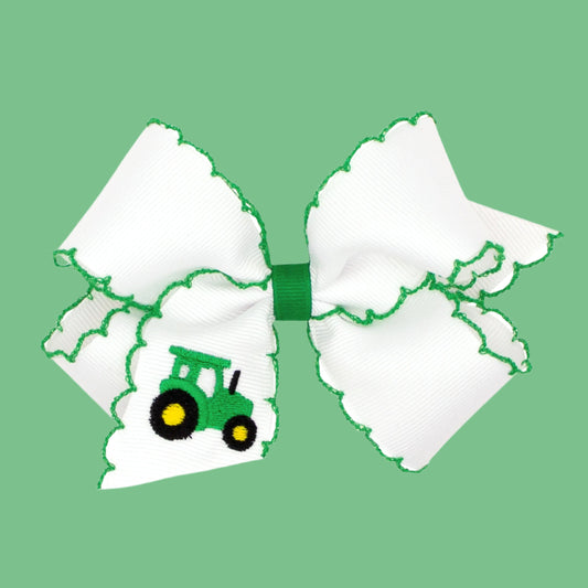 Green Embroidered Tractor Hair Bow