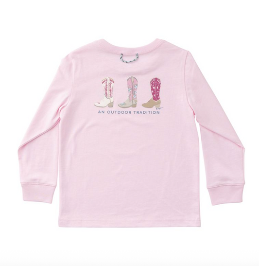 Girls Long Sleeve Cotton T-Shirt in Pink with Cowgirl Boots