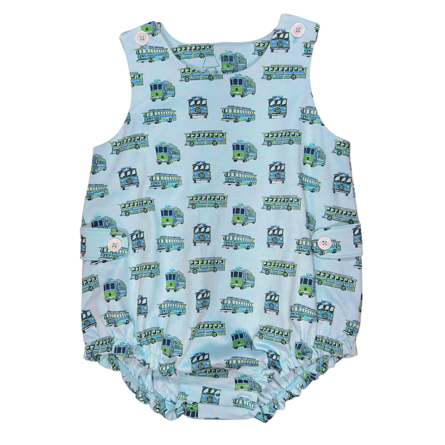 Baby Boy Bubble Romper - Blue Trolley Print