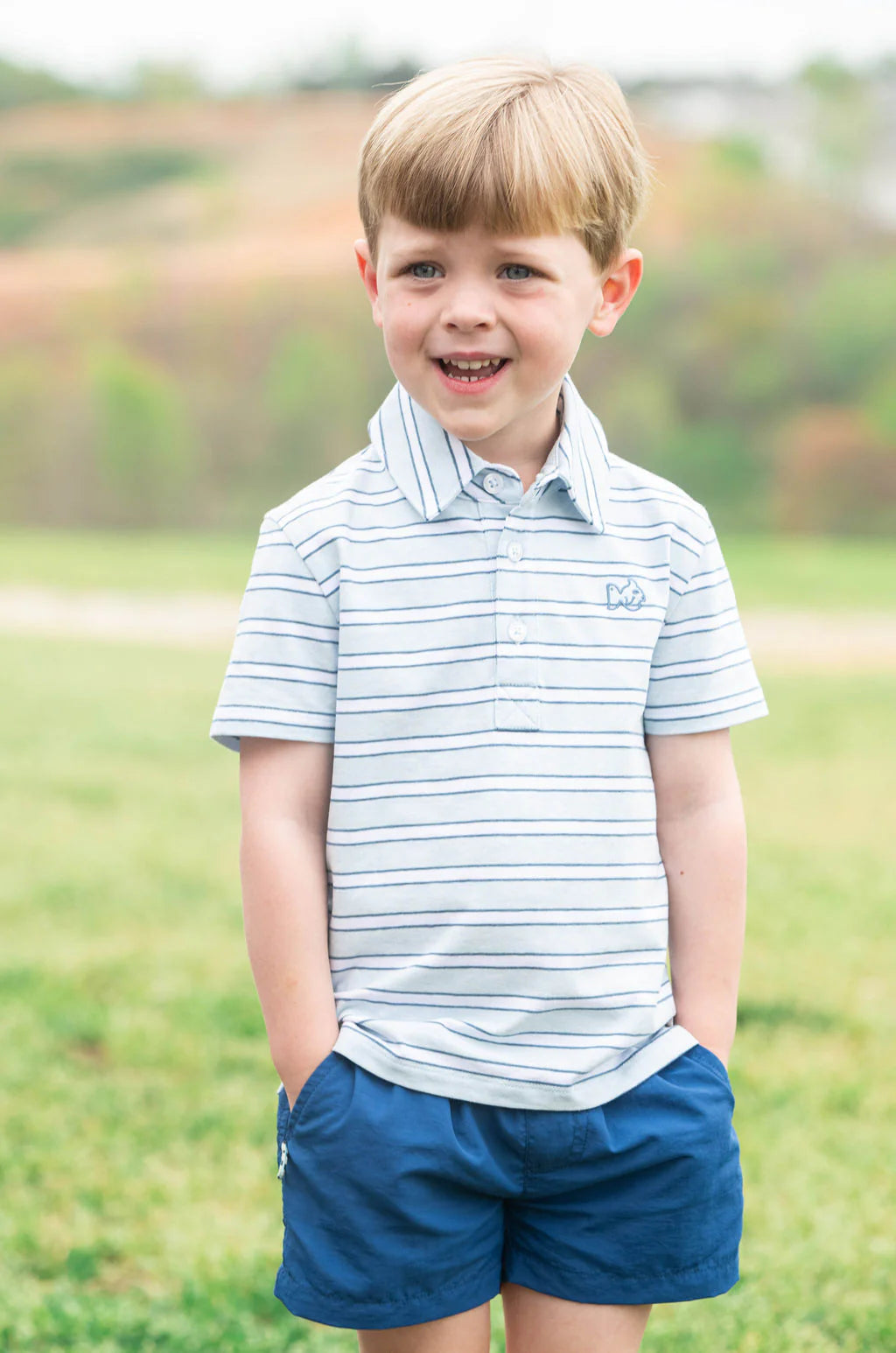 Boys Short Sleeve Too Cool for School Cotton Polo in Ice Water Blue Strips