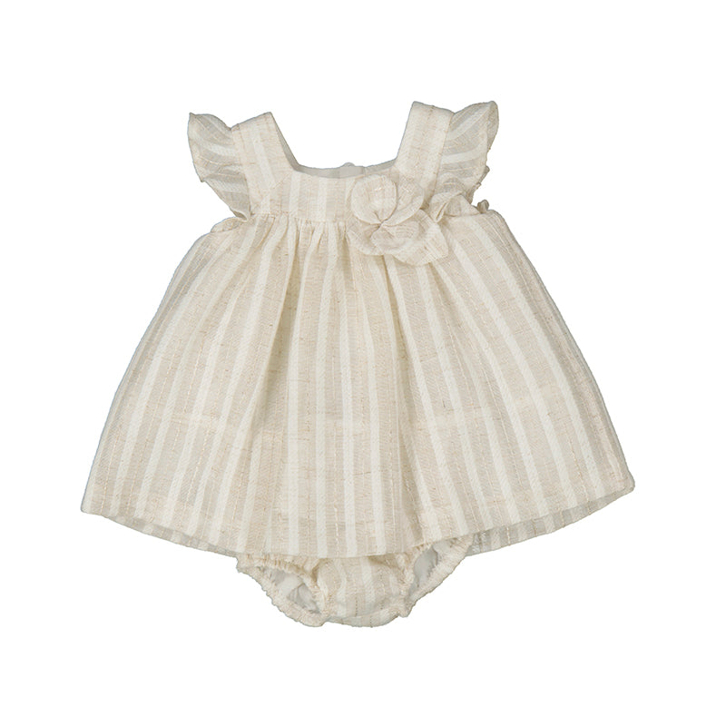 A sleeveless baby girl dress with an tan and white stripes, soft ruffle detailing, and a full gathered skirt. Comes with matching bloomers.