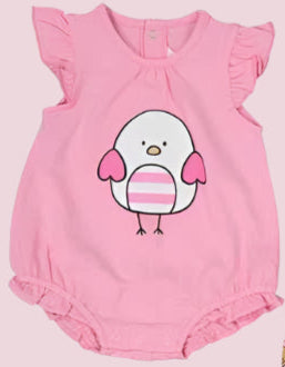 Pink baby romper with a cartoon penguin design on a light pink background