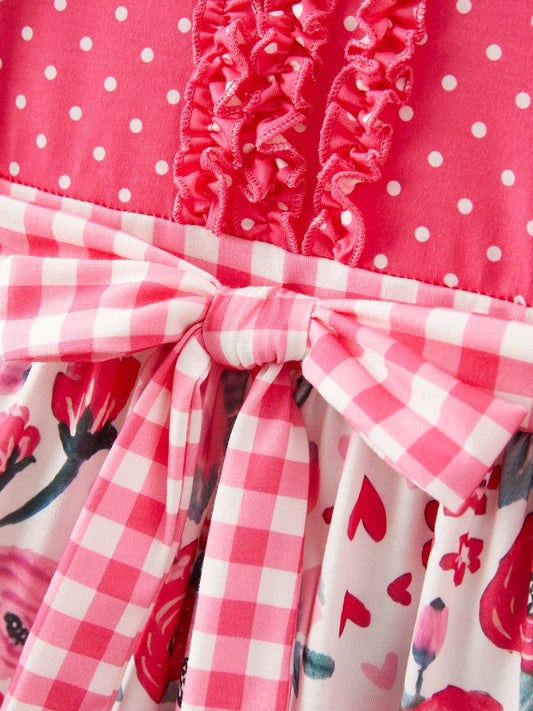 Girl's Pink Flower Print Bow Tie Polka Dot Ruffle Dress