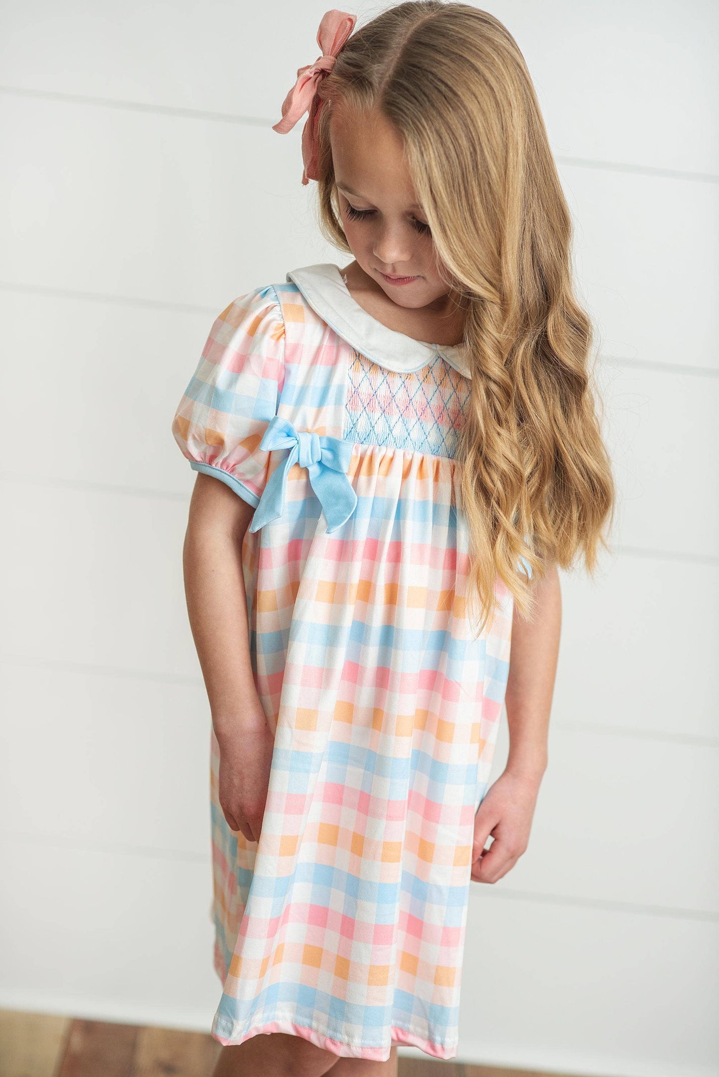Kids Pastel Check Smocked Bow Back to School Dress