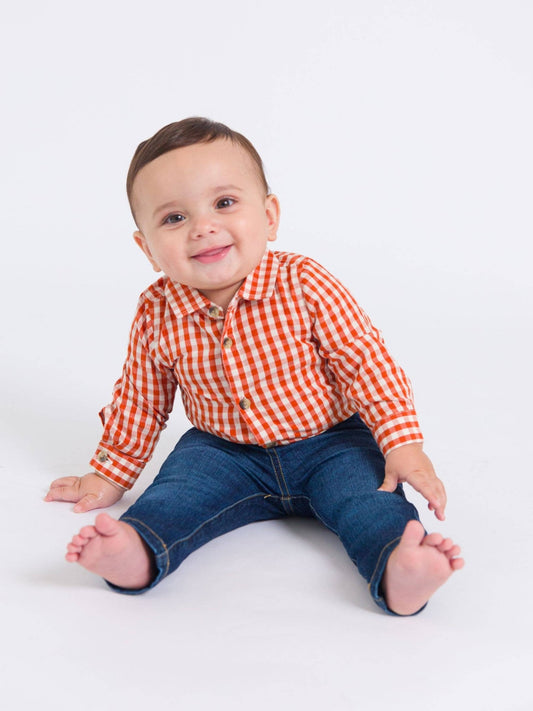 Baby Boys Classic Rust Gingham Long Sleeve Button Down Bodysuit - Sunny Meadow Boutique