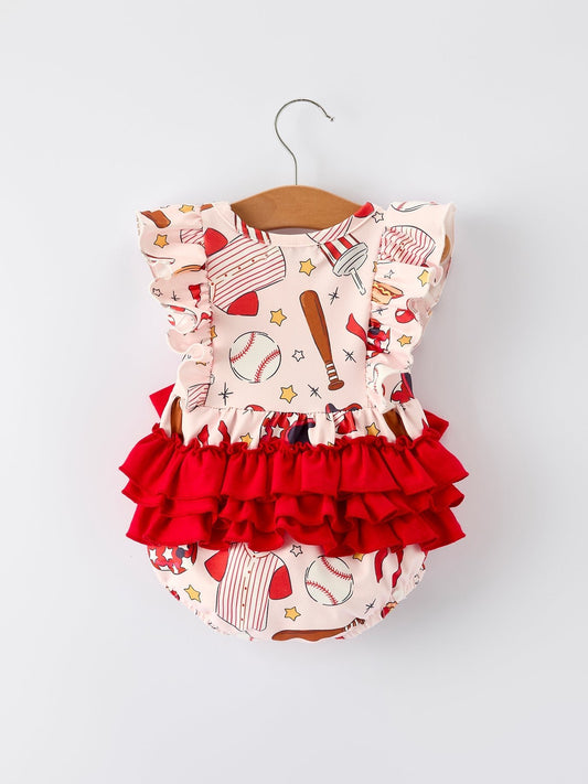 Baby Girl Romper with Red Bows Baseball Print - Sunny Meadow Boutique