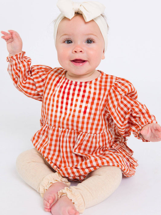 Baby Girls Classic Rust Gingham Woven Long Sleeve Bubble Romper - Sunny Meadow Boutique