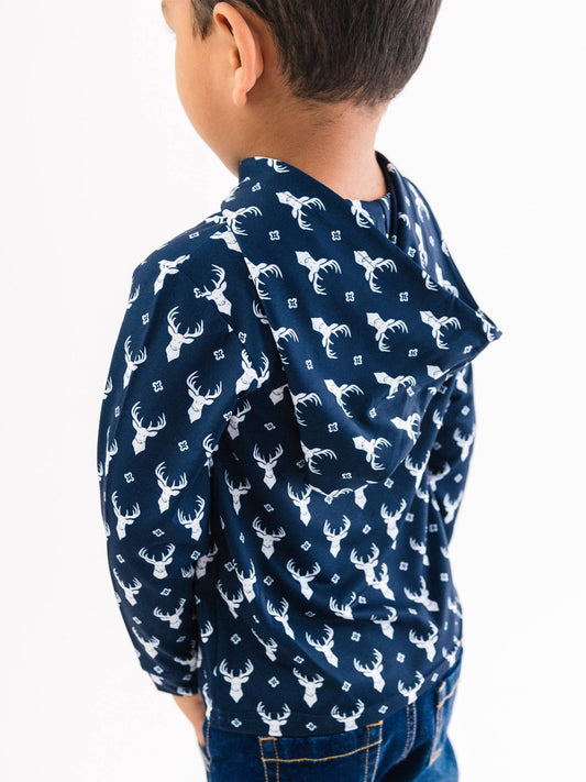 Boys Long - Sleeve Little Deer Lodge Performance Hooded Shirt – Navy Outdoor & Play Tee - Sunny Meadow Boutique