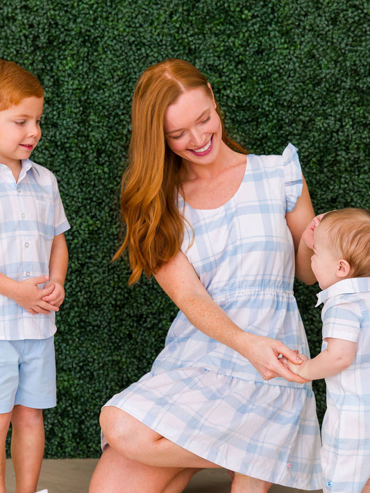 Women's Light Blue Windowpane Tiered Short Dress