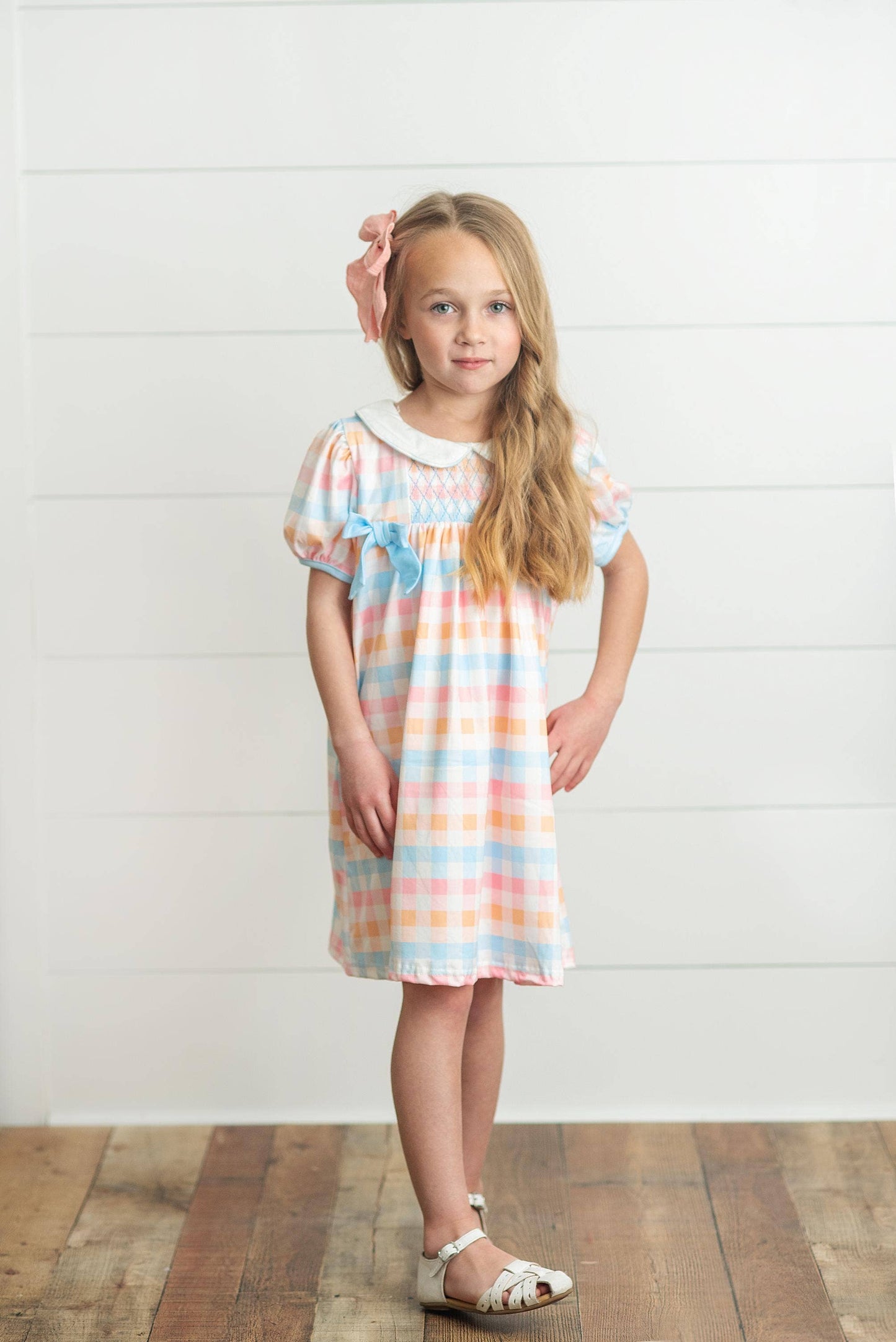 Kids Pastel Check Smocked Bow Back to School Dress