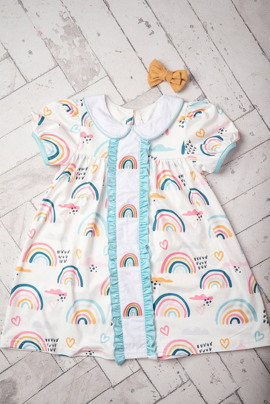 Kids Pastel Rainbow Collared Embroidered School Dress