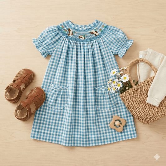 Delaney Blue Gingham Smocked Mallard Duck Bishop Dress - Sunny Meadow Boutique