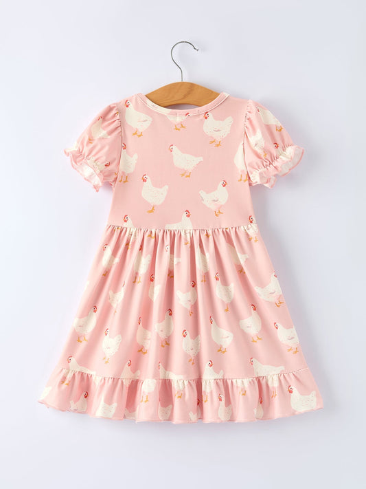 Farm Spring Chicken Print Girls Ruffle Dress - Sunny Meadow Boutique