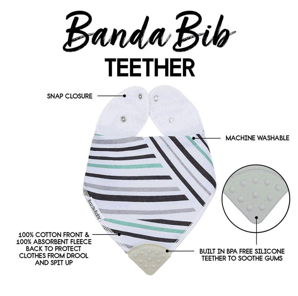 Bazzle Baby Banda Bib with Silicone Teether Attached 4-pack - Various Colors