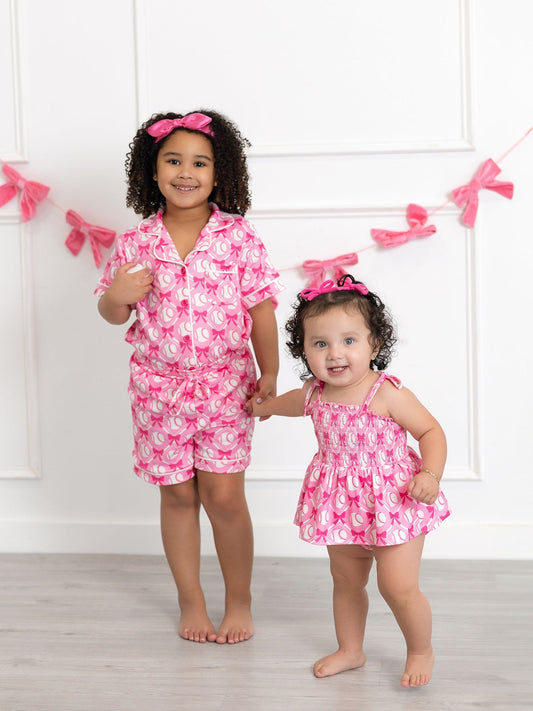 Girls Baseball Bow Print Pajama Set Short Sleeve Pink - Sunny Meadow Boutique