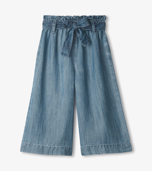 Girls Smokey Blue Wash Cropped Paperbag Pants - Sunny Meadow Boutique