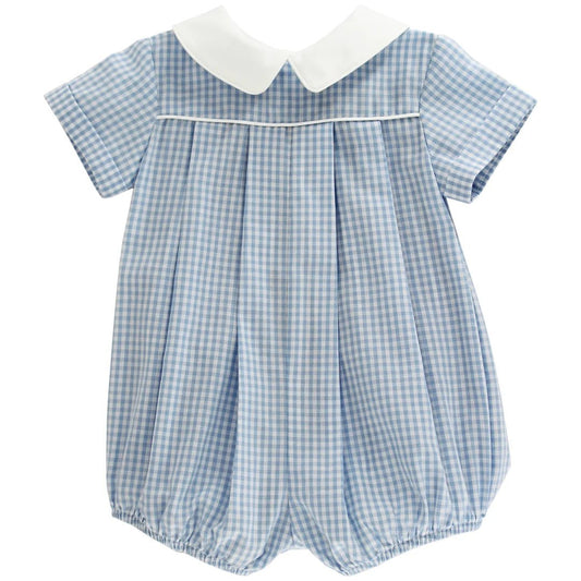 Baby boys classic light blue and white gingham short-sleeve bubble romper featuring a white Peter Pan collar and front pleats by The Bailey Boys.