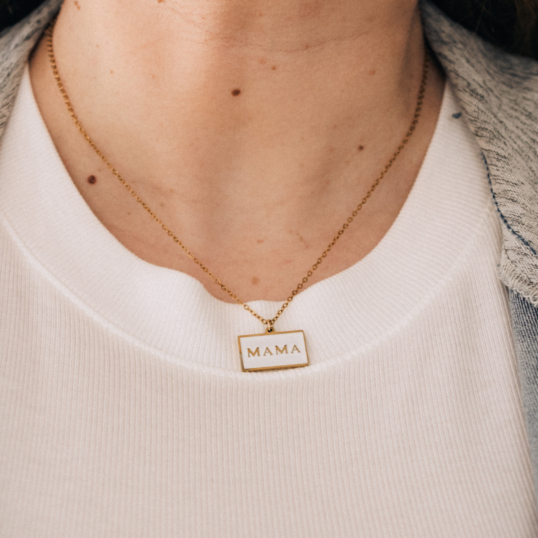Mama Pendant with White and Gold Necklace