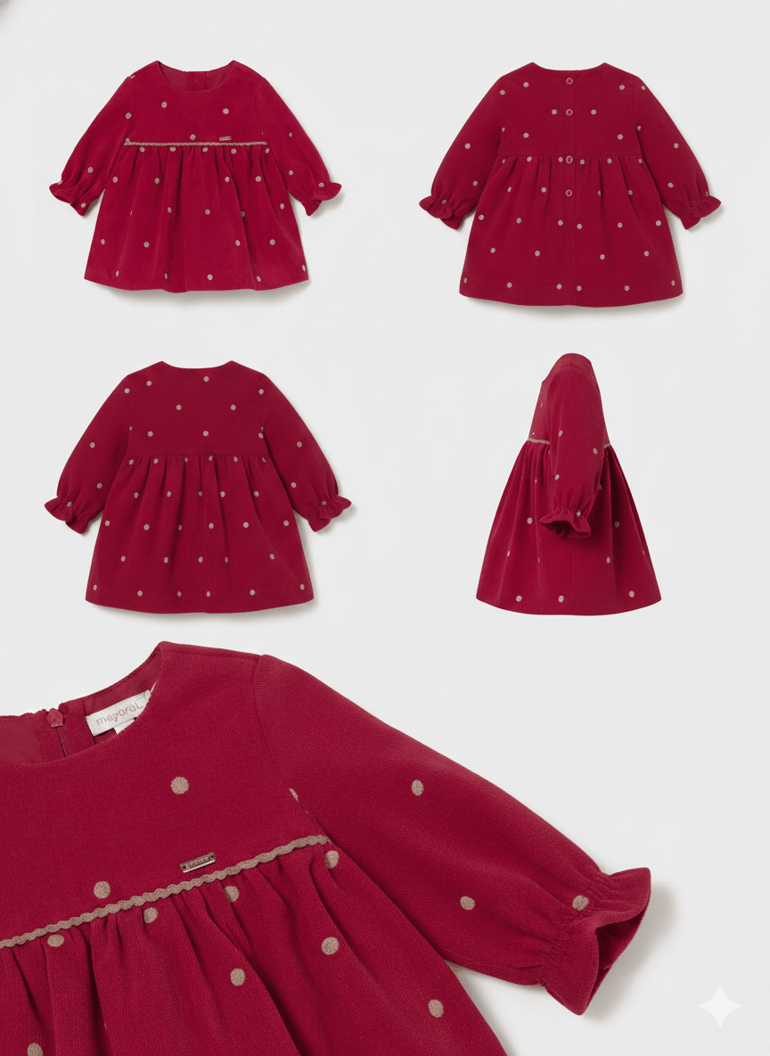 Mayoral Baby Girls Red Polka Dot Corduroy Fantasy Dress - Sunny Meadow Boutique