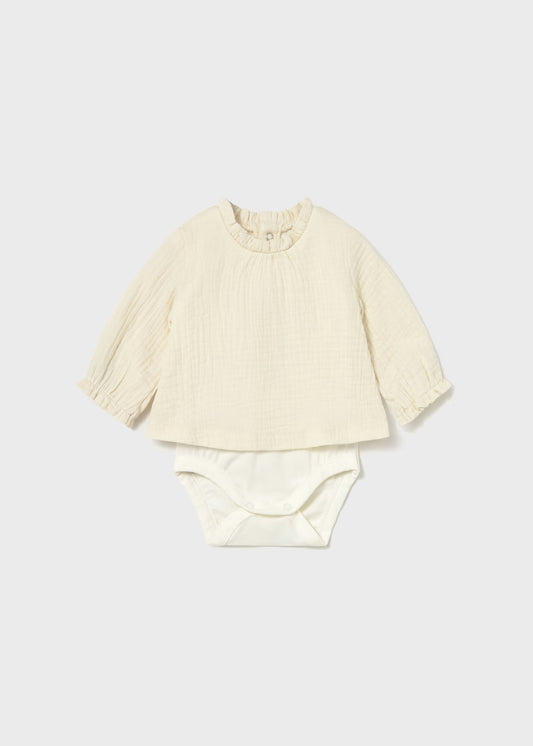 Sunny Meadow Newborn Girl Gauze-Layered Long Sleeve Bodysuit – Ceramic White