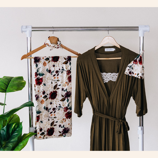 Olive Green Maternity Delivery Gown & Red Rose Swaddle