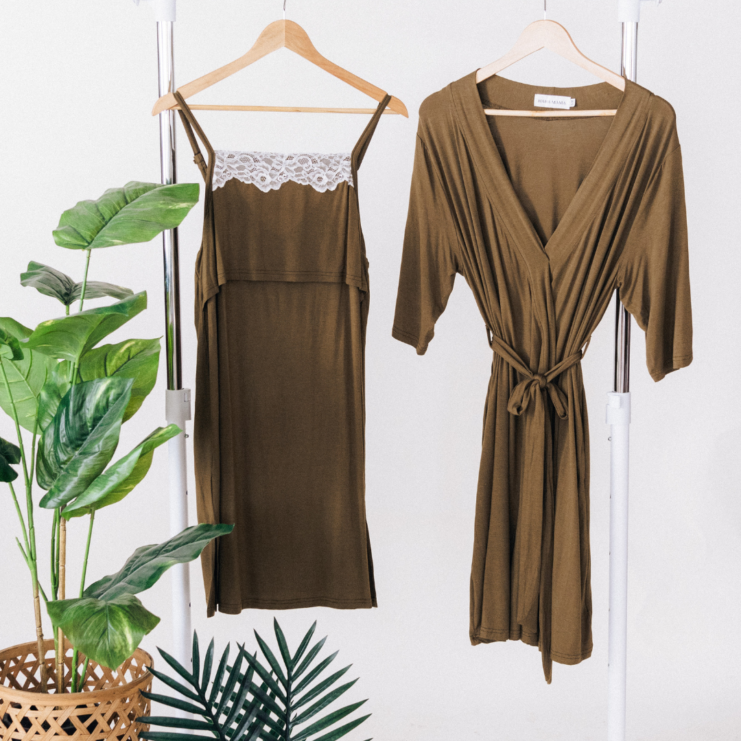 Olive Green Maternity Delivery Gown & Red Rose Swaddle
