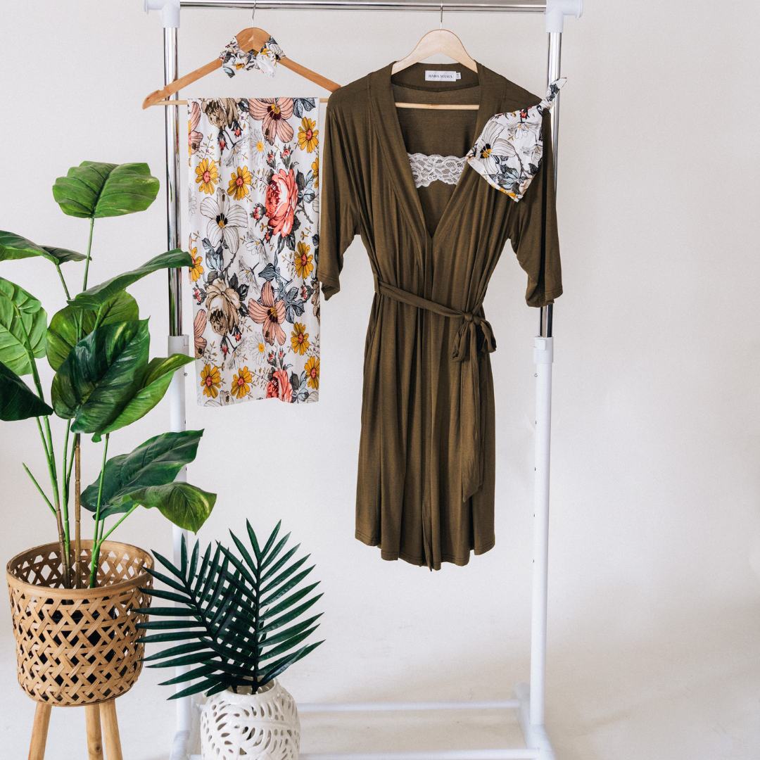 Olive Green Maternity Delivery Gown & Vintage Floral Swaddle