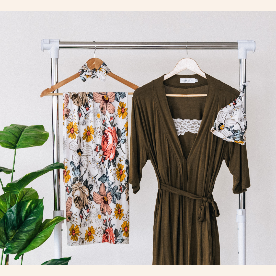 Olive Green Maternity Delivery Gown & Vintage Floral Swaddle