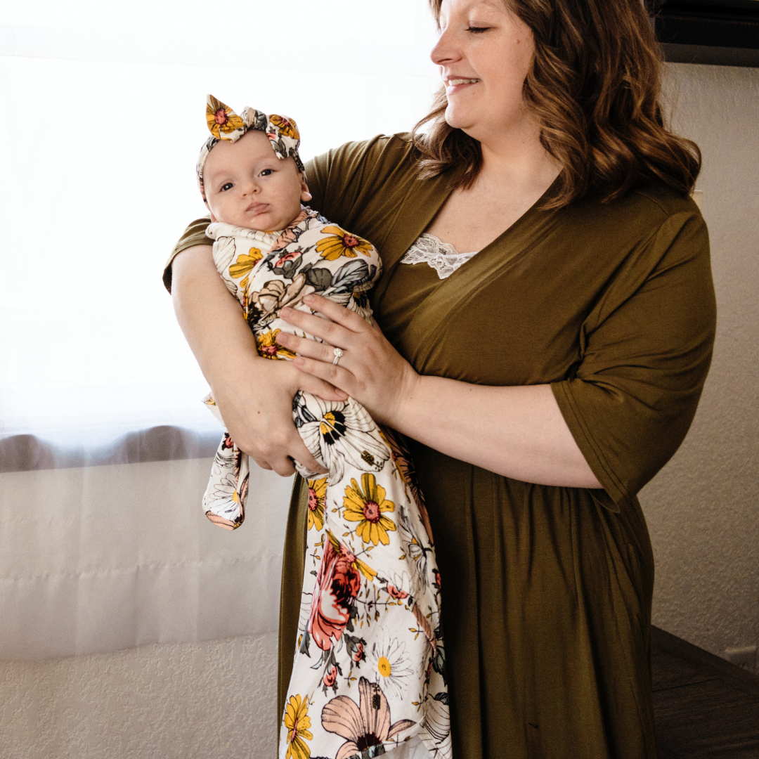 Olive Green Maternity Delivery Gown & Vintage Floral Swaddle