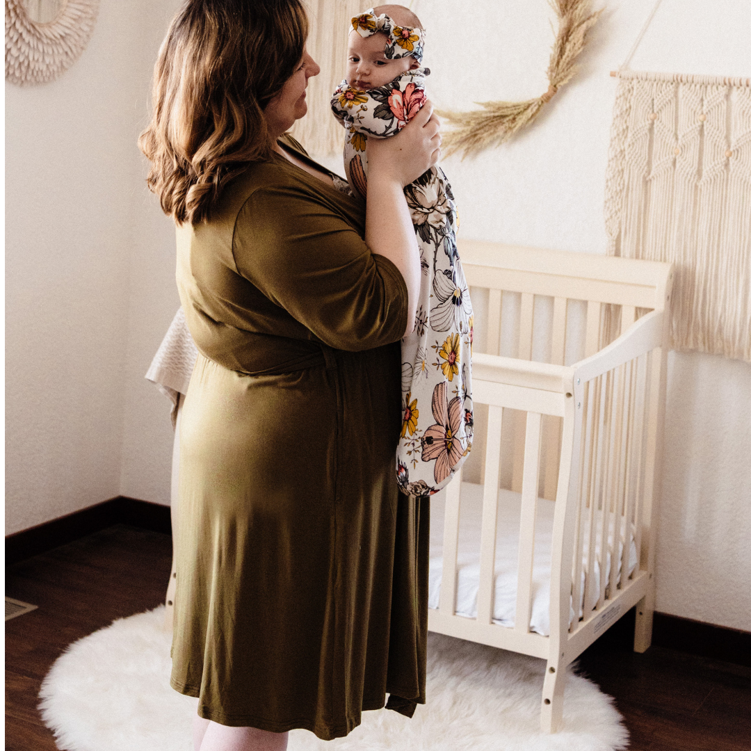 Olive Green Maternity Delivery Gown & Vintage Floral Swaddle