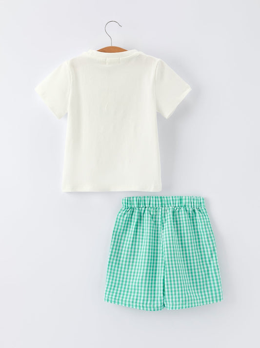 Pickle Ball Spring Gingham Embroidered Smocked Green Boys Shorts Set - Sunny Meadow Boutique