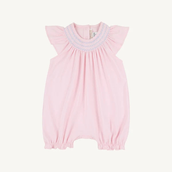 Pink baby romper with ruffled sleeves on a white background