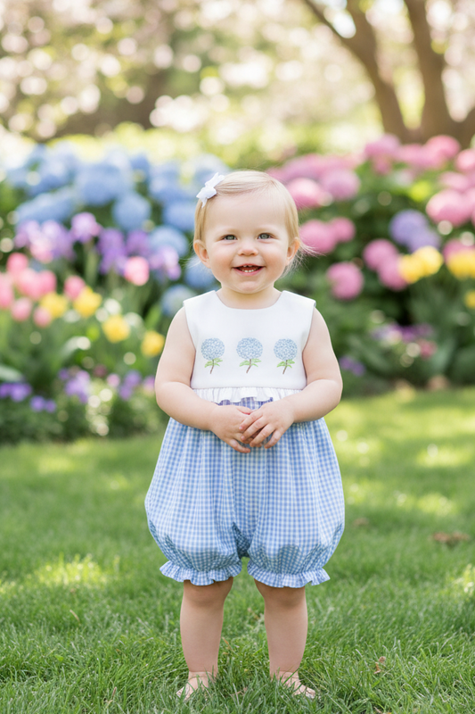 The Bailey Boys Blue Belle Hydrangea Bubble Romper in Light Blue Gingham - Sunny Meadow Boutique