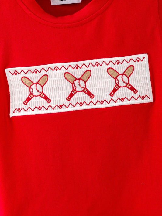 Toddler Boys Red Baseball Smocked Tee and Blue Plaid Shorts Set - Sunny Meadow Boutique