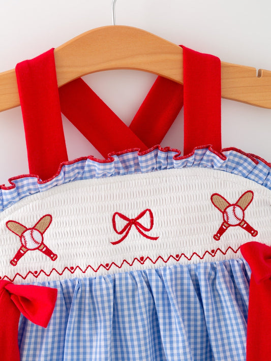 Toddler Girls Baseball Smocked Dress – Blue Plaid Summer Outfit - Sunny Meadow Boutique