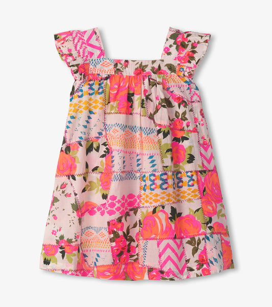 Floral Patchwork Flutter Puff Dress