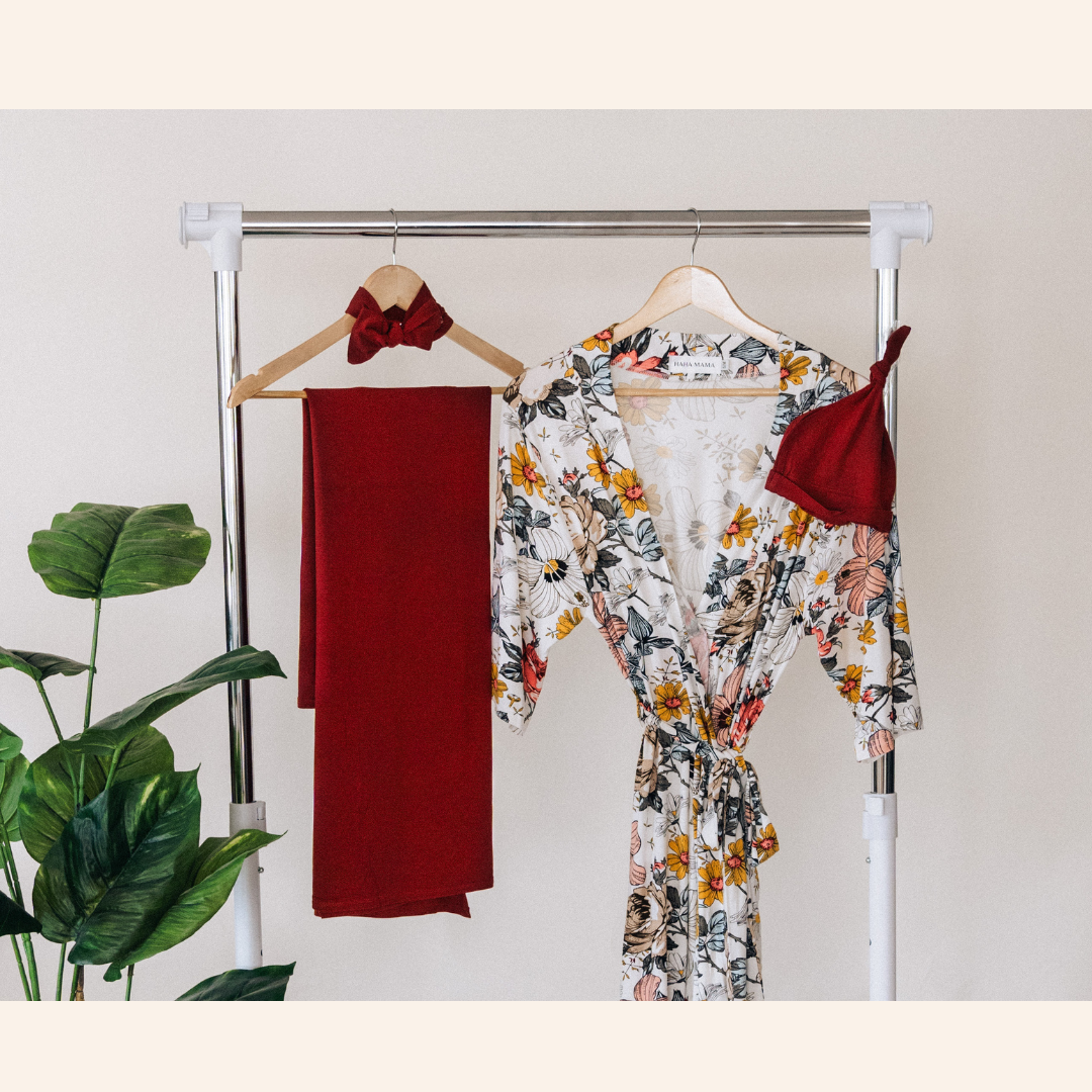 Vintage Floral Maternity Delivery Gown & Brick Red Swaddle