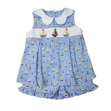 GIRLS SAILBOAT KNIT SLEEVELESS PLEAT FRONT TOP/SHORT SET